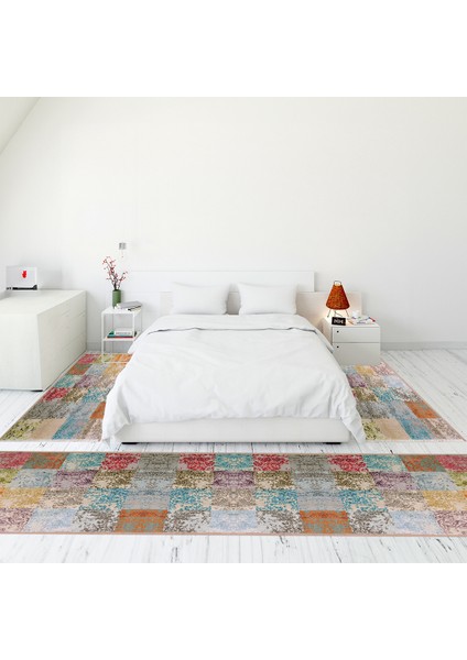Dijital Baskılı Kaymaz Taban Yıkanabilir Patchwork Üçlü Yatak Odası Takımı, Patchwork-17-Renkli,