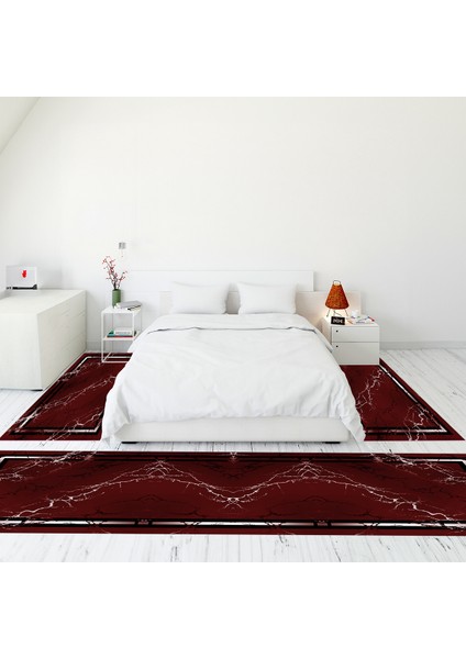 Dijital Baskılı Kaymaz Taban Yıkanabilir Mermer Desen Üçlü Yatak Odası Takımı, Mermer-08-Bordo,