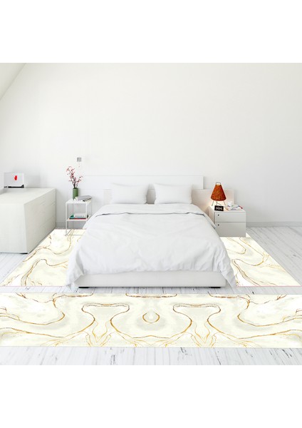 Dijital Baskılı Kaymaz Taban Yıkanabilir Mermer Desen Üçlü Yatak Odası Takımı, Mermer-29-Krem,