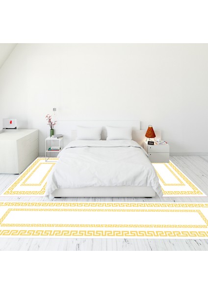 Çerçeve Desen Dijital Baskılı Kaymaz Yıkanabilir Üçlü Yatak Odası Takımı, Çerçeveli-47-Beyaz,