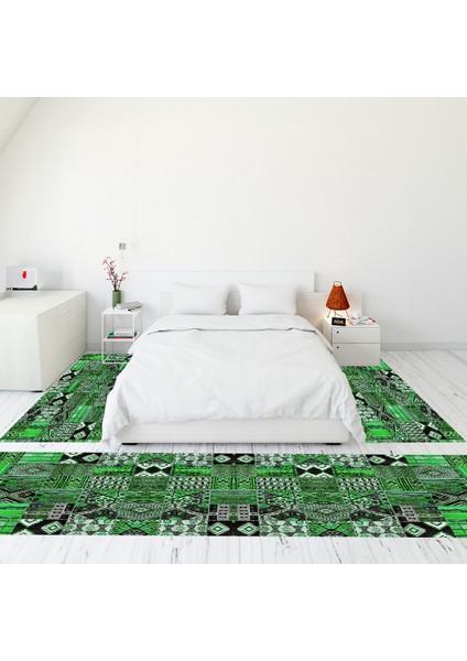 Dijital Baskılı Kaymaz Taban Yıkanabilir Patchwork Üçlü Yatak Odası Takımı, Patchwork-06-Yeşil,