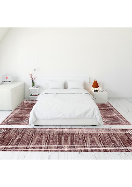 Çerçeve Desen Dijital Baskılı Kaymaz Yıkanabilir Üçlü Yatak Odası Takımı, Çerçeveli-42-Bordo,