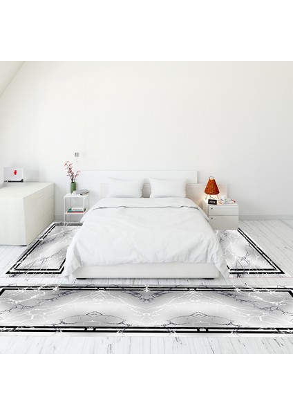 Dijital Baskılı Kaymaz Taban Yıkanabilir Mermer Desen Üçlü Yatak Odası Takımı, Mermer-08-Gri,