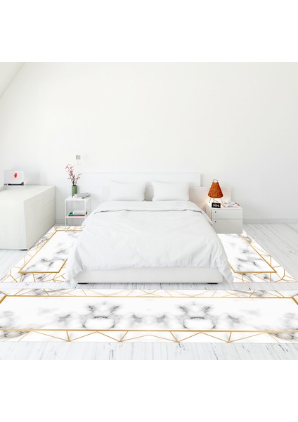 Dijital Baskılı Kaymaz Taban Yıkanabilir Mermer Desen Üçlü Yatak Odası Takımı, Mermer-24-Beyaz,