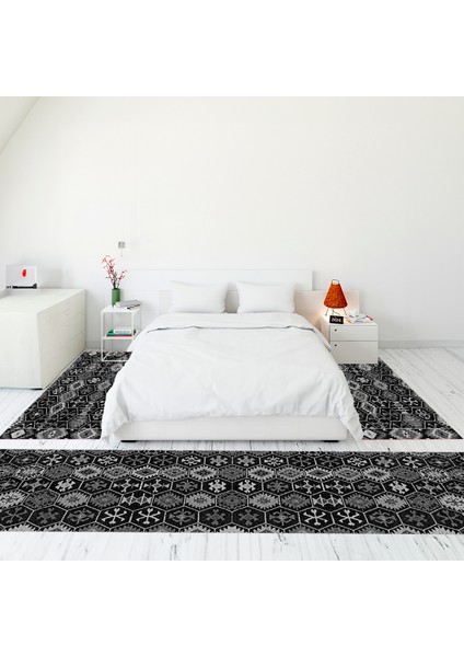 Etnik Desenli Dijital Baskılı Kaymaz Taban Yıkanabilir Üçlü Yatak Odası Takımı, Etnik-12-Antrasit,