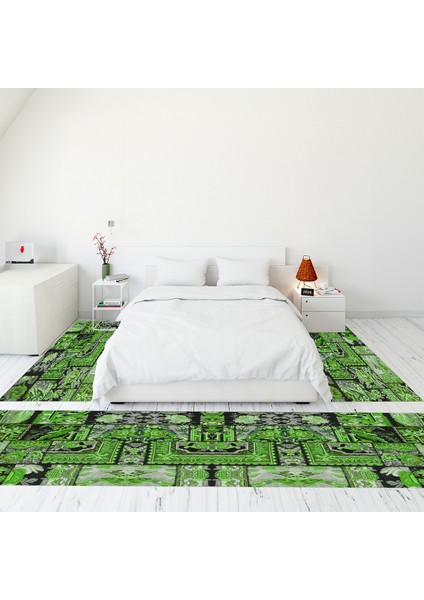 Dijital Baskılı Kaymaz Taban Yıkanabilir Patchwork Üçlü Yatak Odası Takımı, Patchwork-12-Yeşil,