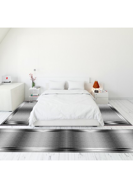 Çerçeve Desen Dijital Baskılı Kaymaz Yıkanabilir Üçlü Yatak Odası Takımı, Çerçeveli-39-Gri,