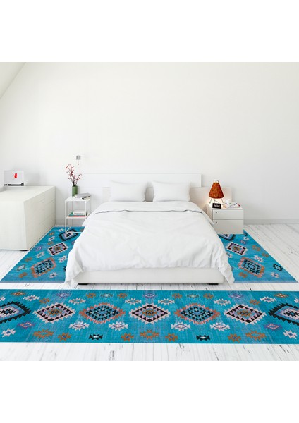 Etnik Desenli Dijital Baskılı Kaymaz Taban Yıkanabilir Üçlü Yatak Odası Takımı, Etnik-01-Mavi,