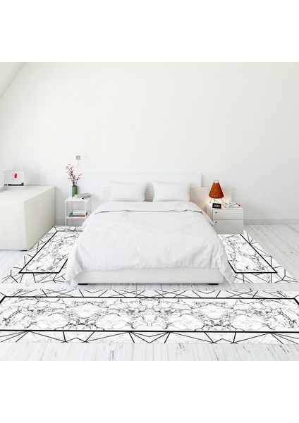 Dijital Baskılı Kaymaz Taban Yıkanabilir Mermer Desen Üçlü Yatak Odası Takımı, Mermer-11-Siyah,
