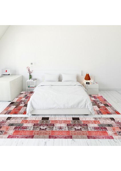 Dijital Baskılı Kaymaz Taban Yıkanabilir Patchwork Üçlü Yatak Odası Takımı, Patchwork-03-Kırmızı,