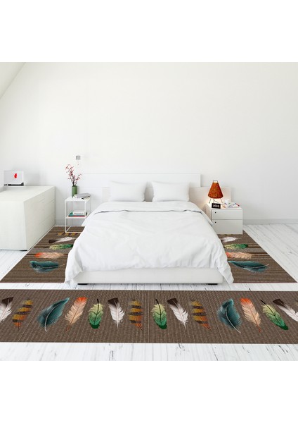 Modern Şık Dijital Baskılı Kaymaz Taban Yıkanabilir Üçlü Yatak Odası Takımı, MODERN-114-KAHVE,