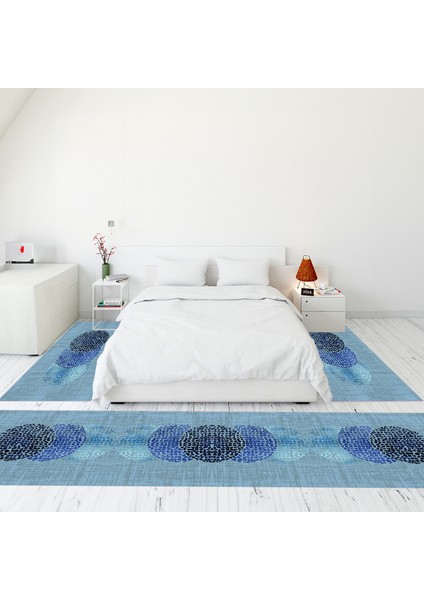 Modern Şık Dijital Baskılı Kaymaz Taban Yıkanabilir Üçlü Yatak Odası Takımı, Modern-01-Mavi,
