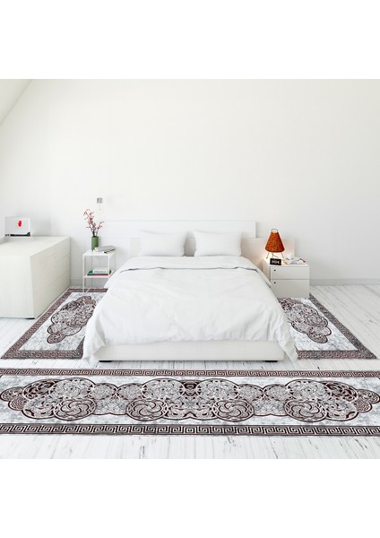 Çerçeve Desen Dijital Baskılı Kaymaz Yıkanabilir Üçlü Yatak Odası Takımı, Çerçeveli-04-Bordo,