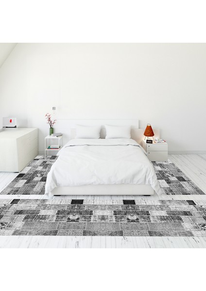Dijital Baskılı Kaymaz Taban Yıkanabilir Patchwork Üçlü Yatak Odası Takımı, Patchwork-03-Gri,