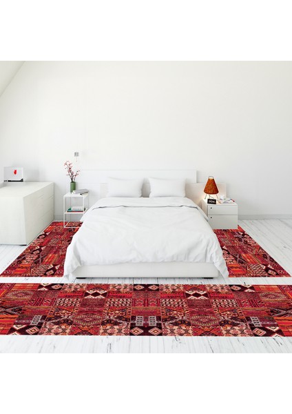 Dijital Baskılı Kaymaz Taban Yıkanabilir Patchwork Üçlü Yatak Odası Takımı, Patchwork-06-Kırmızı,