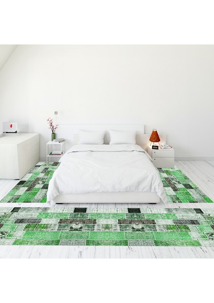 Dijital Baskılı Kaymaz Taban Yıkanabilir Patchwork Üçlü Yatak Odası Takımı, Patchwork-03-Yeşil,