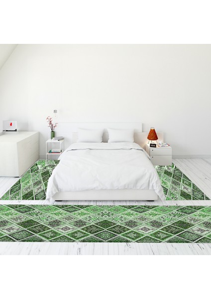 Dijital Baskılı Kaymaz Taban Yıkanabilir Patchwork Üçlü Yatak Odası Takımı, Patchwork-08-Yeşil,