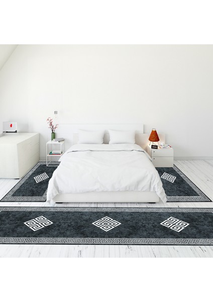 Çerçeve Desen Dijital Baskılı Kaymaz Yıkanabilir Üçlü Yatak Odası Takımı, Çerçeveli-01-Füme,