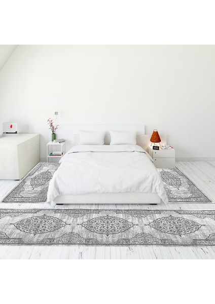 Dijital Baskılı Kaymaz Taban Yıkanabilir Klasik Desen Üçlü Yatak Odası Takımı, Klasik-15-Gri,