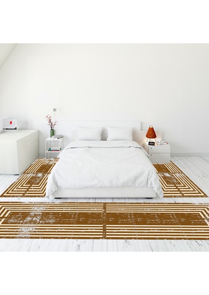 Çerçeve Desen Dijital Baskılı Kaymaz Yıkanabilir Üçlü Yatak Odası Takımı, Çerçeveli-15-Kahve,