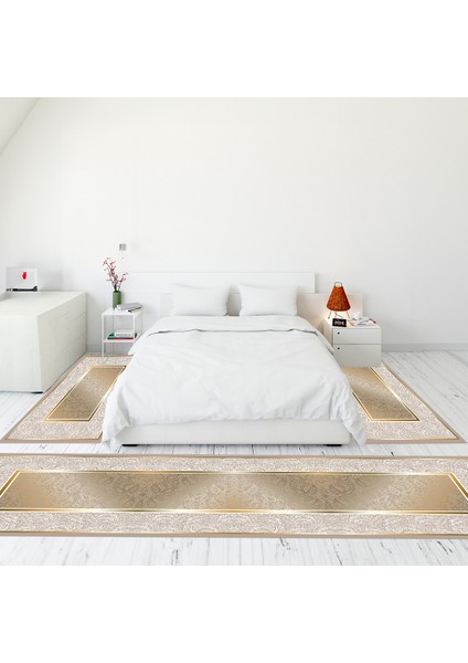 Çerçeve Desen Dijital Baskılı Kaymaz Yıkanabilir Üçlü Yatak Odası Takımı, Çerçeveli-37-Gold,