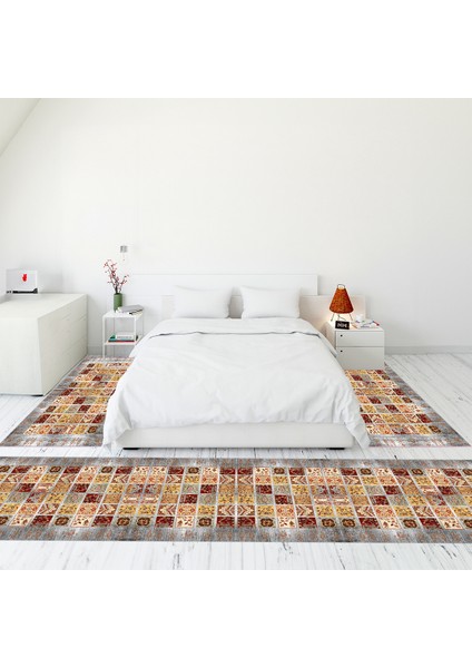 Etnik Desenli Dijital Baskılı Kaymaz Taban Yıkanabilir Üçlü Yatak Odası Takımı, Etnik-18-Renkli,