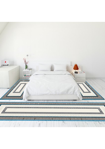 Çerçeve Desen Dijital Baskılı Kaymaz Yıkanabilir Üçlü Yatak Odası Takımı, Çerçeveli-03-Mavi,