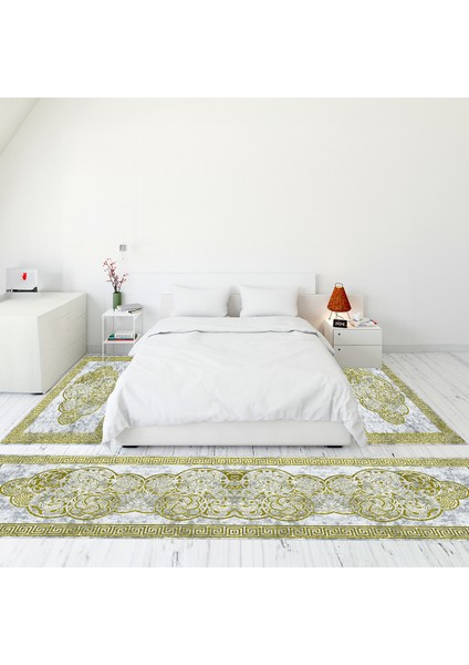 Çerçeve Desen Dijital Baskılı Kaymaz Yıkanabilir Üçlü Yatak Odası Takımı, Çerçeveli-04-Sarı,