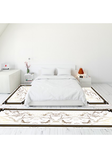Dijital Baskılı Kaymaz Taban Yıkanabilir Mermer Desen Üçlü Yatak Odası Takımı, Mermer-07-Beyaz,