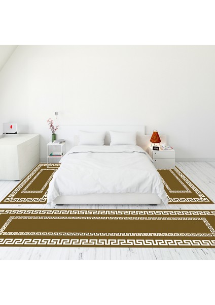 Çerçeve Desen Dijital Baskılı Kaymaz Yıkanabilir Üçlü Yatak Odası Takımı, Çerçeveli-47-Kahve,