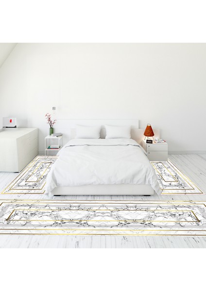 Dijital Baskılı Kaymaz Taban Yıkanabilir Mermer Desen Üçlü Yatak Odası Takımı, Mermer-16-Beyaz,