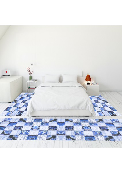 Dijital Baskılı Kaymaz Taban Yıkanabilir Patchwork Üçlü Yatak Odası Takımı, Patchwork-19-Mavi,