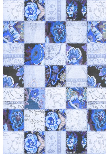 Dijital Baskılı Kaymaz Taban Yıkanabilir Patchwork Üçlü Yatak Odası Takımı, Patchwork-19-Mavi,