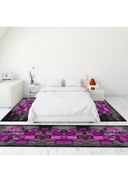 Modern Şık Dijital Baskılı Kaymaz Taban Yıkanabilir Üçlü Yatak Odası Takımı, Modern-13-Mor,