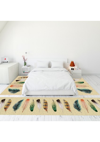 Modern Şık Dijital Baskılı Kaymaz Taban Yıkanabilir Üçlü Yatak Odası Takımı, MODERN-114-KREM,