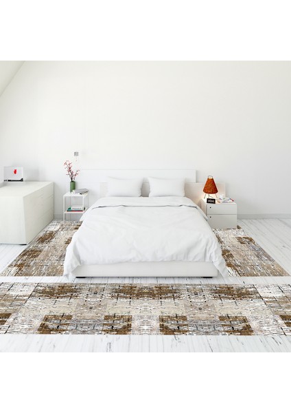 Dijital Baskılı Kaymaz Taban Yıkanabilir Patchwork Üçlü Yatak Odası Takımı, Patchwork-05-Kahve,