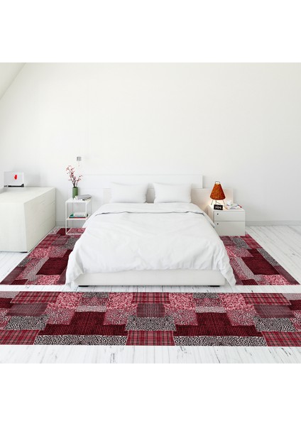 Dijital Baskılı Kaymaz Taban Yıkanabilir Patchwork Üçlü Yatak Odası Takımı, Patchwork-15-Kırmızı,