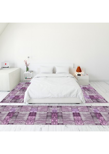 Dijital Baskılı Kaymaz Taban Yıkanabilir Patchwork Üçlü Yatak Odası Takımı, Patchwork-18-Mor,
