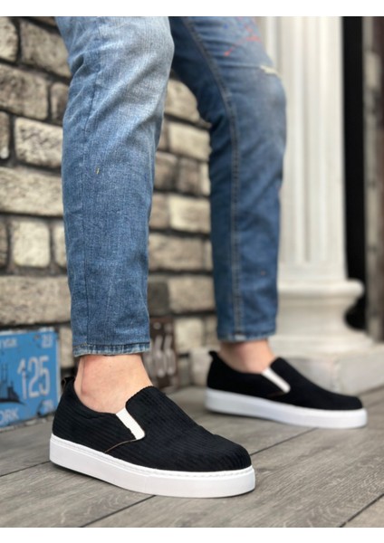 BA0339 Bağcıksız Kadife Siyah Beyaz Taban Günlük Erkek Ayakkabı
