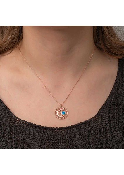 Gümüş Rose Opal Mavi Taşlı Ay Güneş Kadın Kolye fiyatları