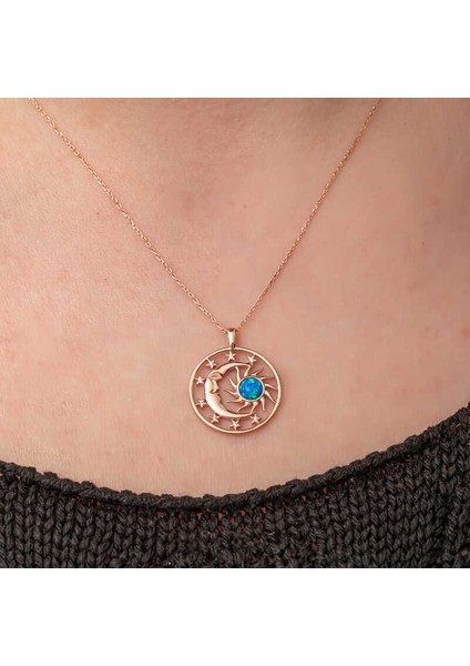 Gümüş Rose Opal Mavi Taşlı Ay Güneş Kadın Kolye fırsatları