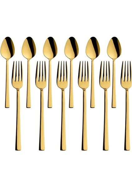 Parlak Gold Tatlı Çatal ve Kaşık Seti - 12 Adet Kahvaltı Pasta Tatlı Çatal Kaşık Seti Kutulu Set