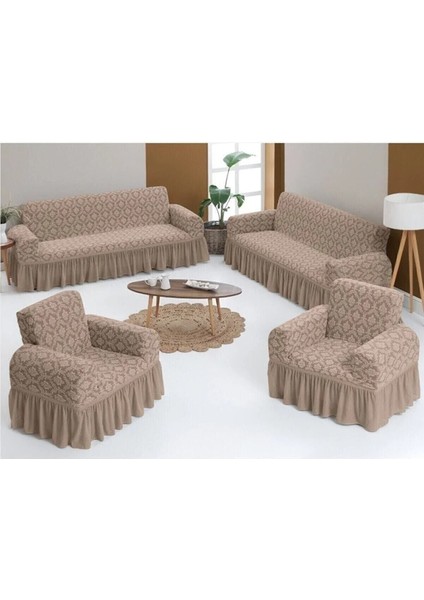 Jakarlı Koltuk, Çekyat, Kanepe Örtüsü Şal Desen 3-3-1-1 Esnek Yıkanabilir Lastikli Koltuk Örtüsü