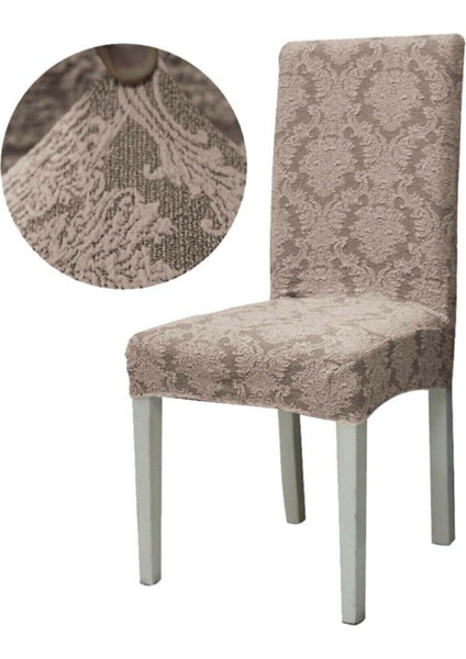 Jakarlı Lüks 6'lı Sandalye Kılıfı Lastikli Streçli Tüylenmez Jakar Sandalye Örtüsü Gri Renk