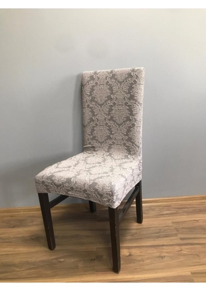 Jakarlı Lüks 6'lı Sandalye Kılıfı Lastikli Streçli Tüylenmez Jakar Sandalye Örtüsü Gri Renk fiyatları