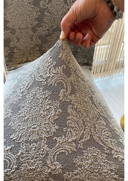 Jakarlı Lüks 6'lı Sandalye Kılıfı Lastikli Streçli Tüylenmez Jakar Sandalye Örtüsü Gri Renk fırsatları