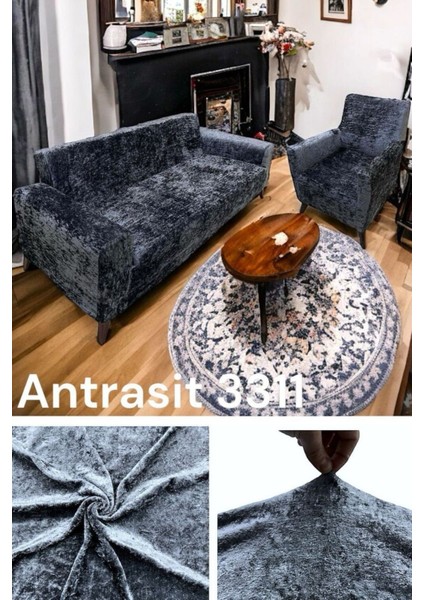 Antrasit Renk Lıkralı Lastikli 3 3 1 1 Kadife Koltuk Örtüsü Çekyat Örtüsü