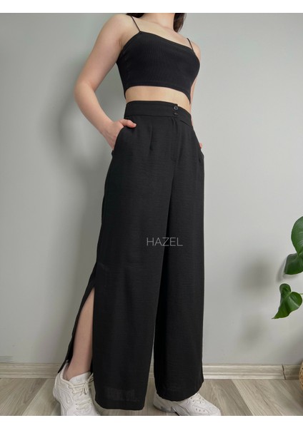 Kadın Siyah Keten Yırtmaçlı Yüksek Bel Palazzo Pantolon