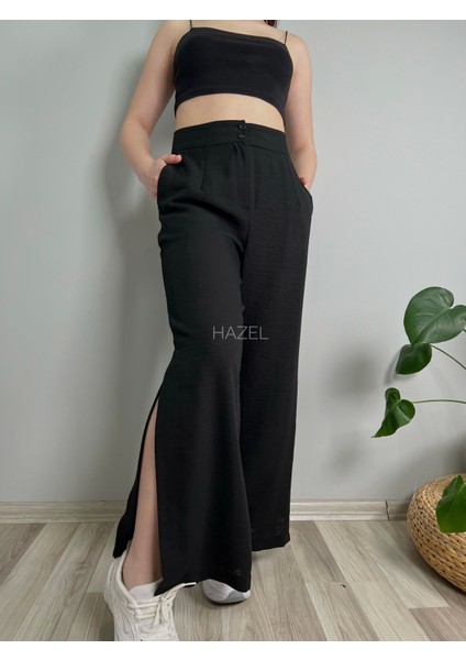Kadın Siyah Keten Yırtmaçlı Yüksek Bel Palazzo Pantolon fiyatları