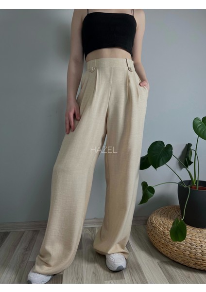 Kadın Taş Keten Düğmeli Yüksek Bel Palazzo Pantolon